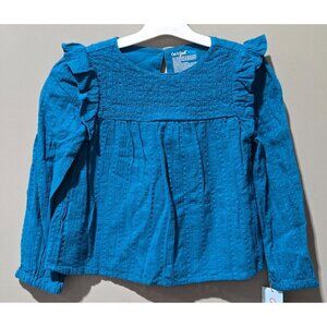 Cat & Jack Girls' Dark Blue Teal Ruffle Shoulder Trim Textured LS Blouse
